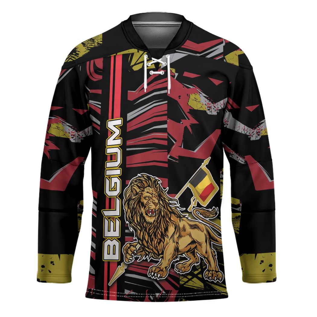 Personalized Belgium Hockey Jersey Lion Holding Flag - Wonder Print Shop