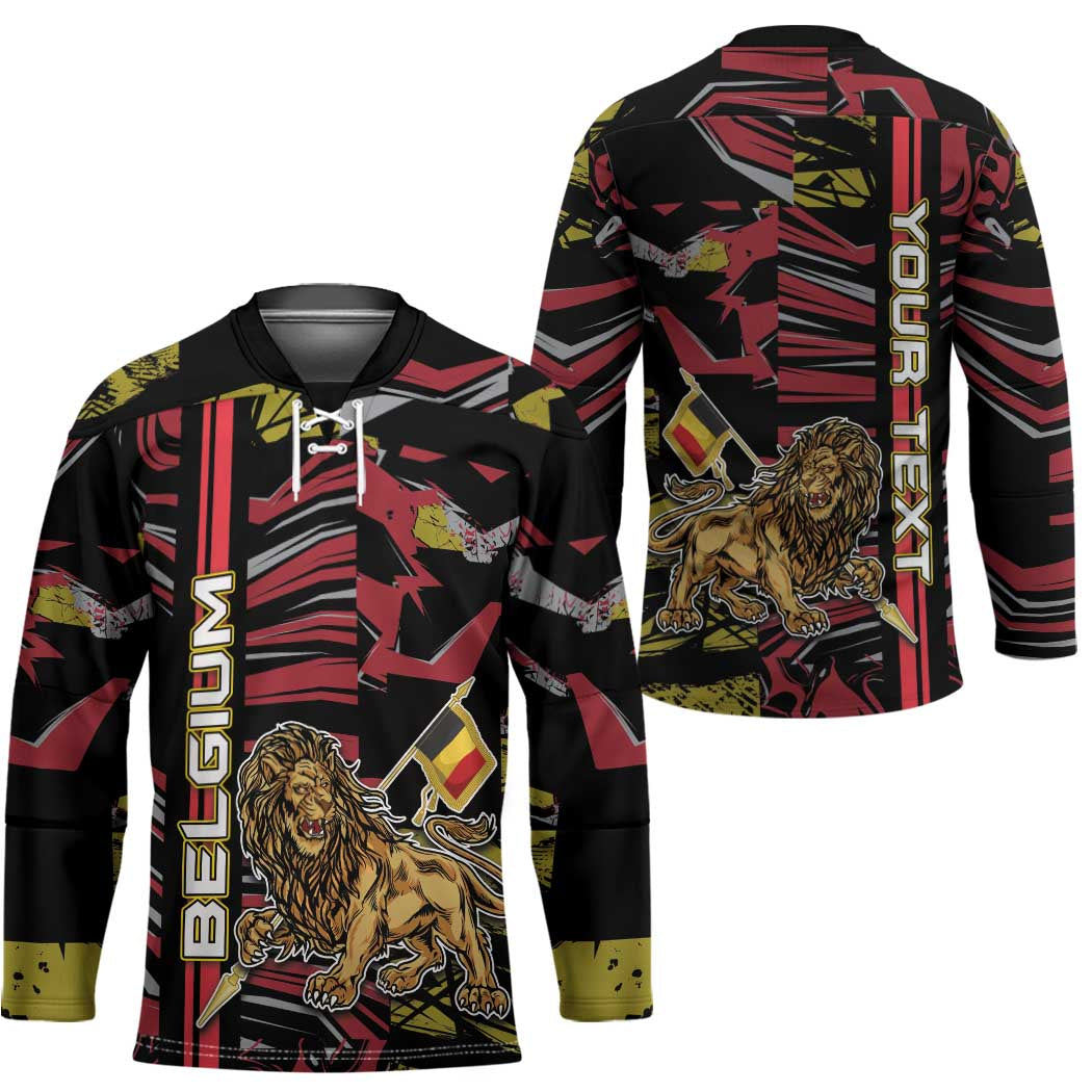 Personalized Belgium Hockey Jersey Lion Holding Flag - Wonder Print Shop