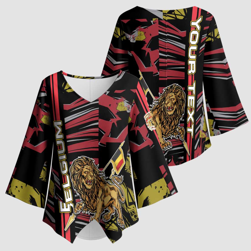 Personalized Belgium Kimono Sleeve Blouse Lion Holding Flag - Wonder Print Shop