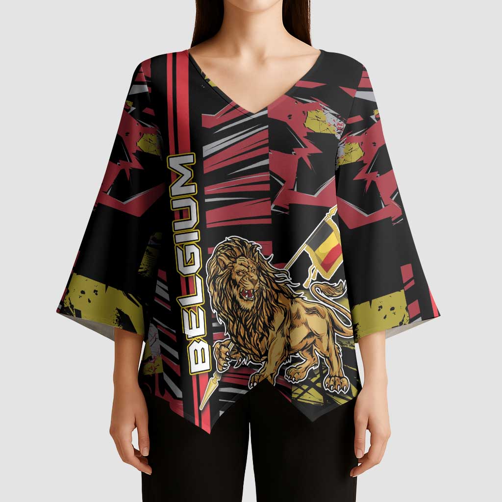 Personalized Belgium Kimono Sleeve Blouse Lion Holding Flag - Wonder Print Shop