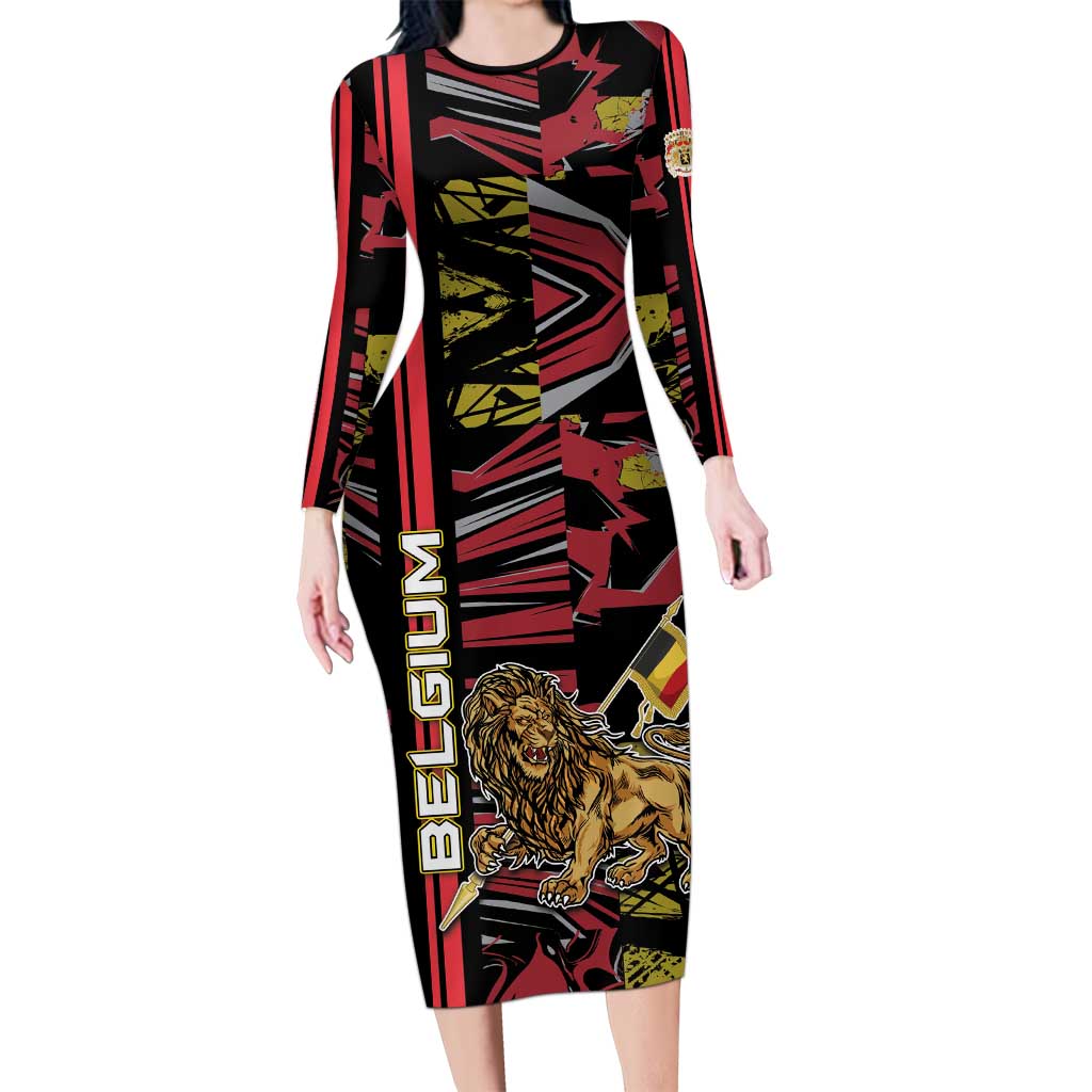 Personalized Belgium Long Sleeve Bodycon Dress Lion Holding Flag - Wonder Print Shop