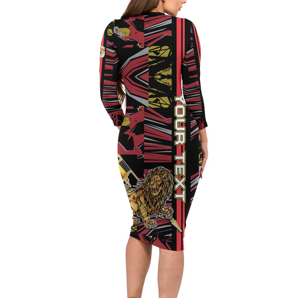 Personalized Belgium Long Sleeve Bodycon Dress Lion Holding Flag - Wonder Print Shop