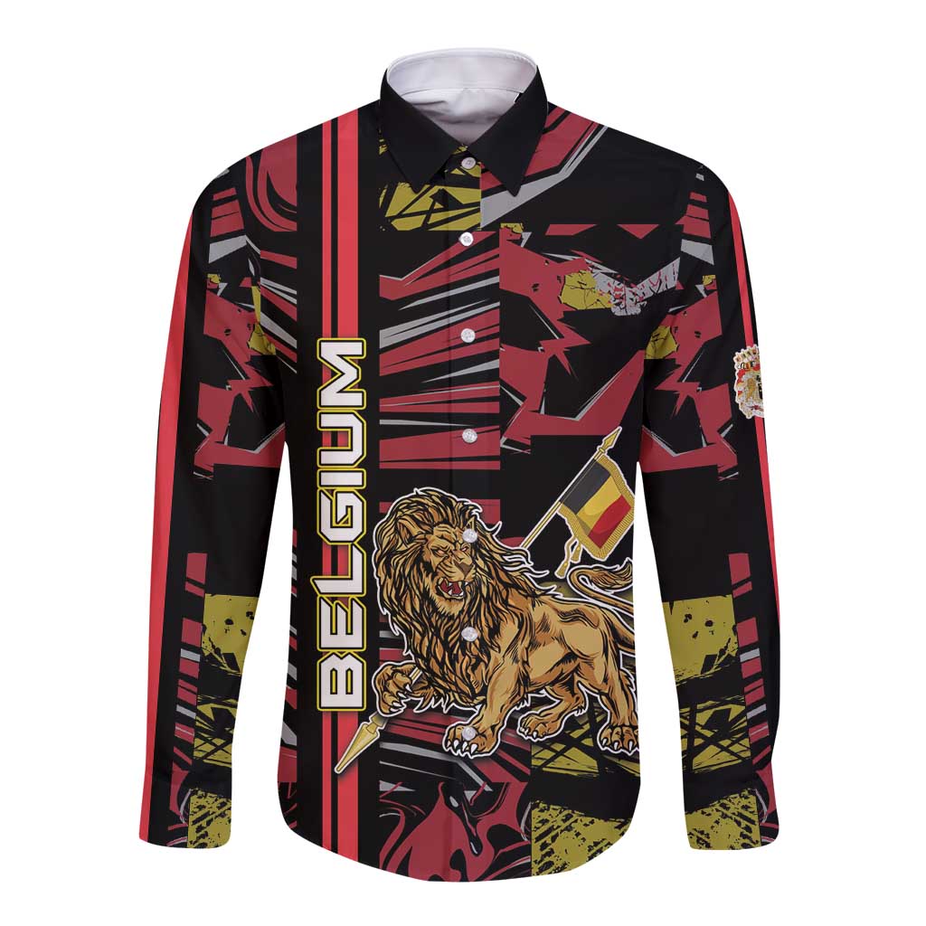 Personalized Belgium Long Sleeve Button Shirt Lion Holding Flag - Wonder Print Shop