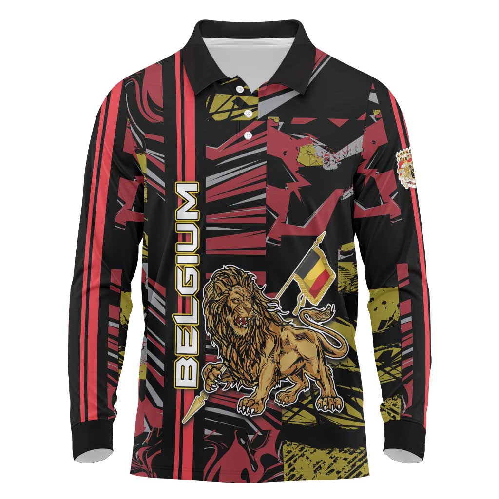 Personalized Belgium Long Sleeve Polo Shirt Lion Holding Flag - Wonder Print Shop