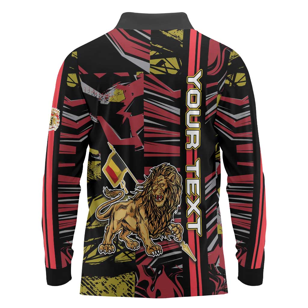 Personalized Belgium Long Sleeve Polo Shirt Lion Holding Flag - Wonder Print Shop