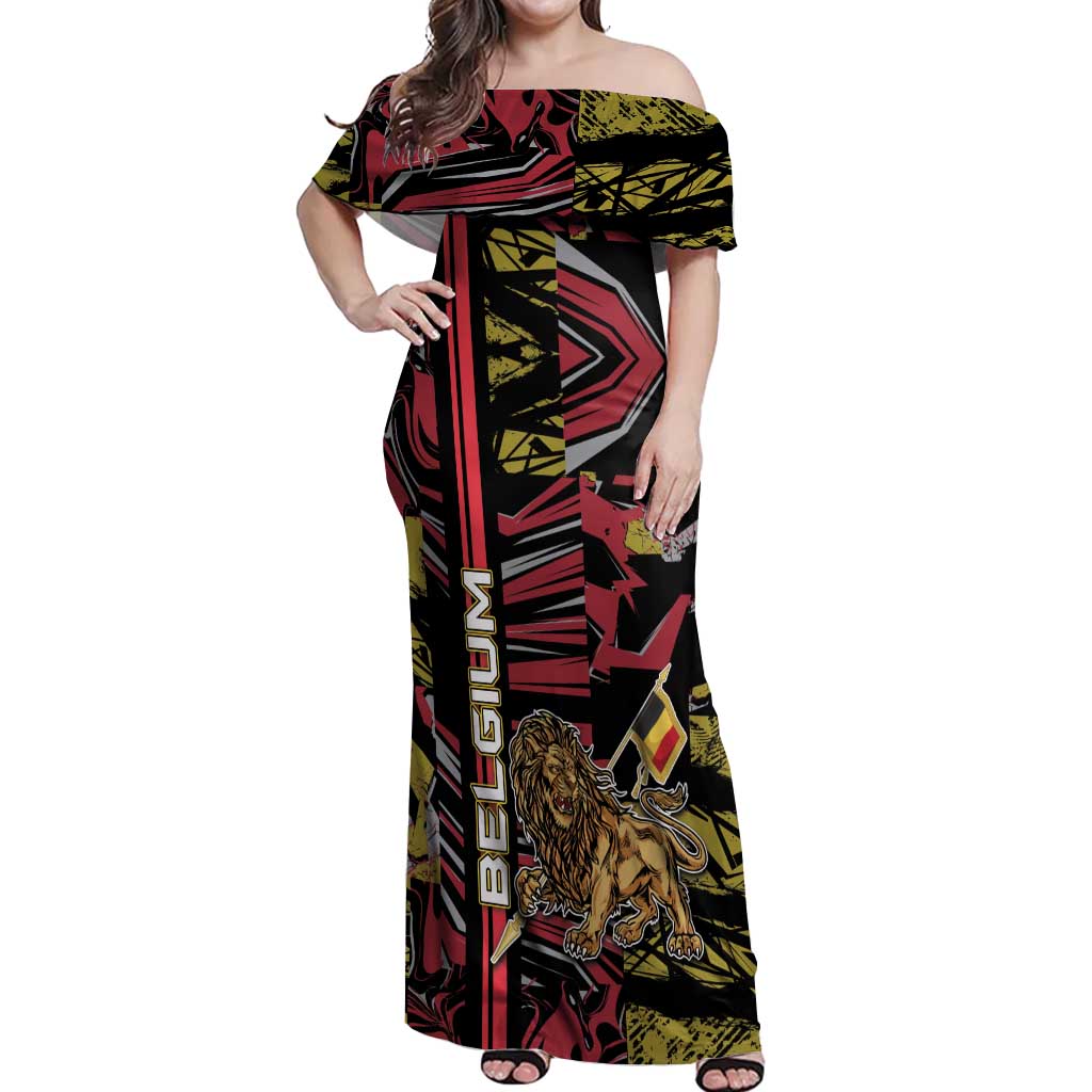 Personalized Belgium Off Shoulder Maxi Dress Lion Holding Flag - Wonder Print Shop