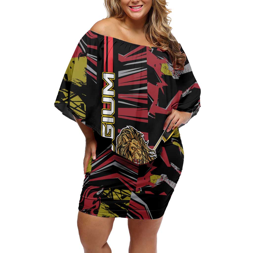 Personalized Belgium Off Shoulder Short Dress Lion Holding Flag - Wonder Print Shop