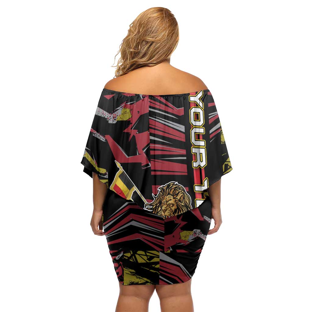 Personalized Belgium Off Shoulder Short Dress Lion Holding Flag - Wonder Print Shop