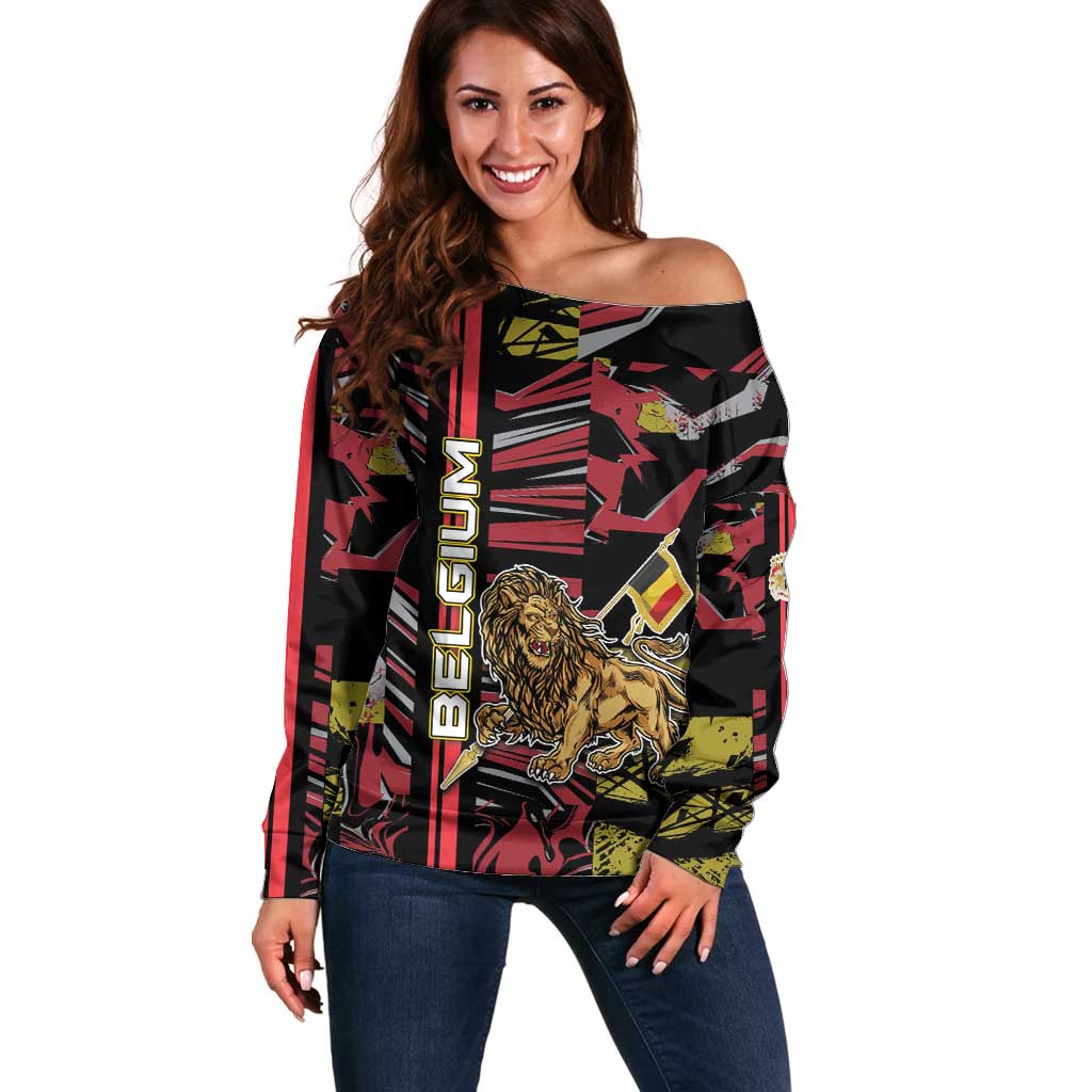 Personalized Belgium Off Shoulder Sweater Lion Holding Flag - Wonder Print Shop