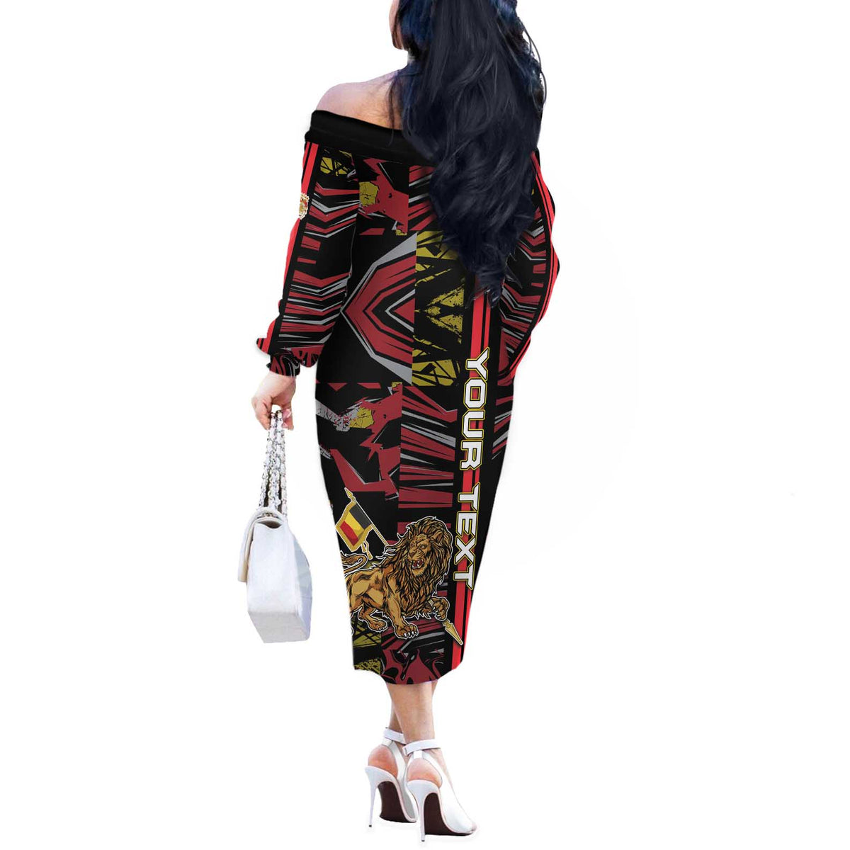 Personalized Belgium Off The Shoulder Long Sleeve Dress Lion Holding Flag - Wonder Print Shop