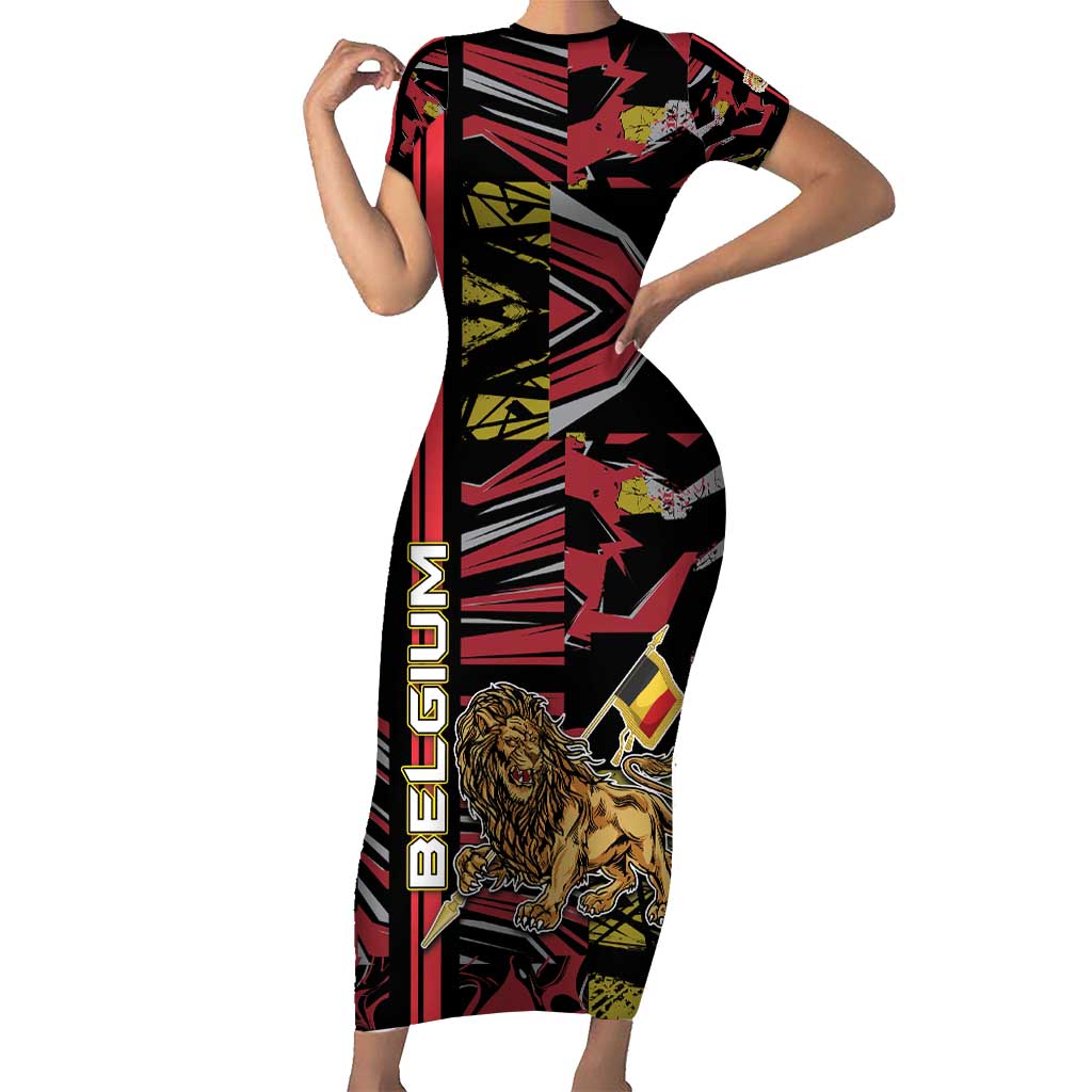 Personalized Belgium Short Sleeve Bodycon Dress Lion Holding Flag - Wonder Print Shop
