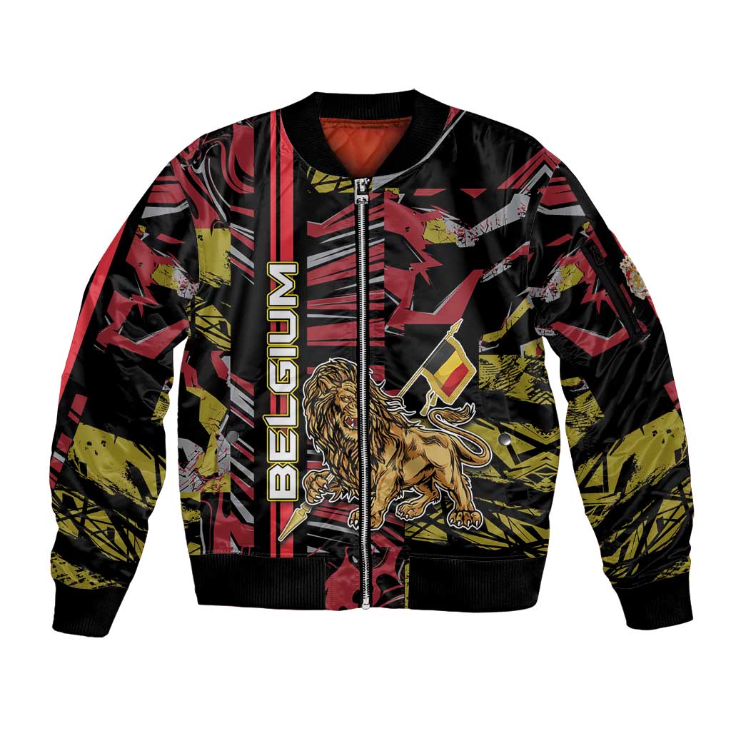 Personalized Belgium Sleeve Zip Bomber Jacket Lion Holding Flag - Wonder Print Shop