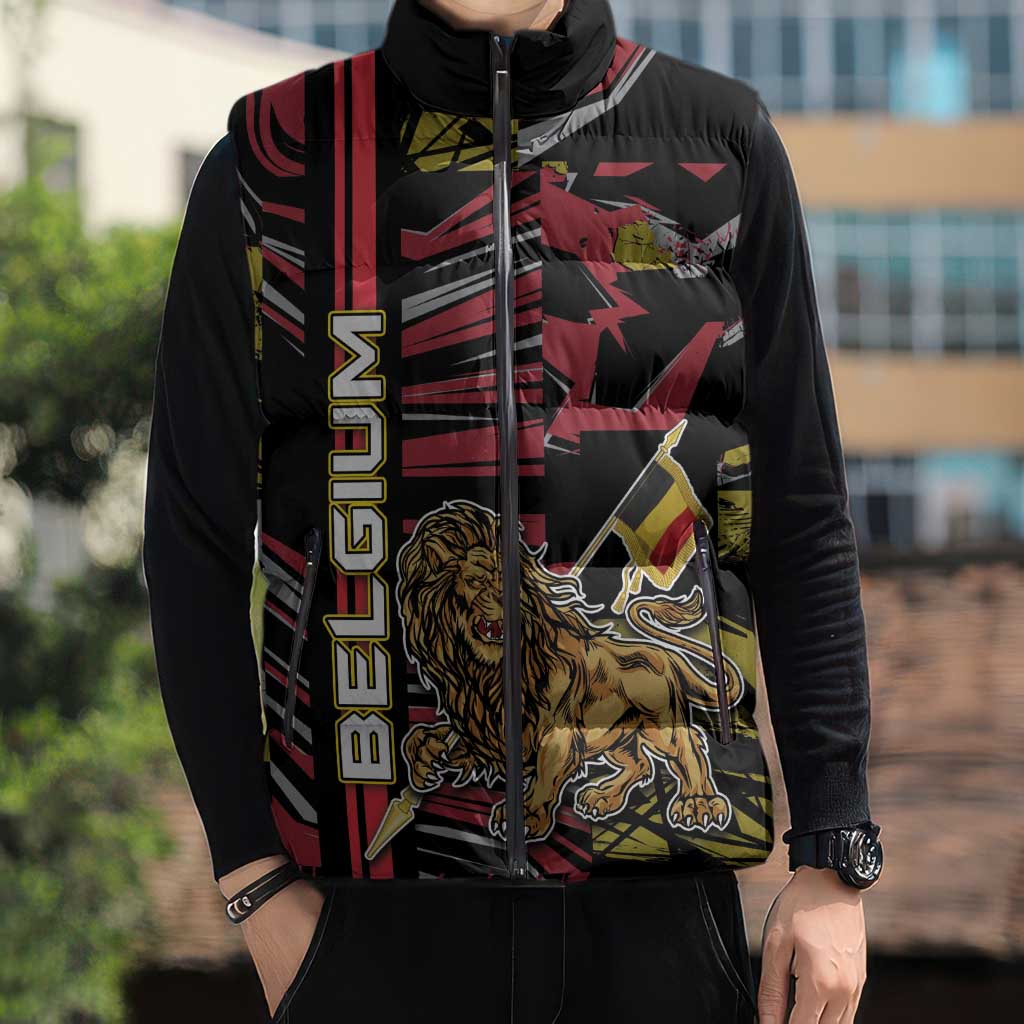 Personalized Belgium Sleeveless Puffer Jacket Lion Holding Flag - Wonder Print Shop