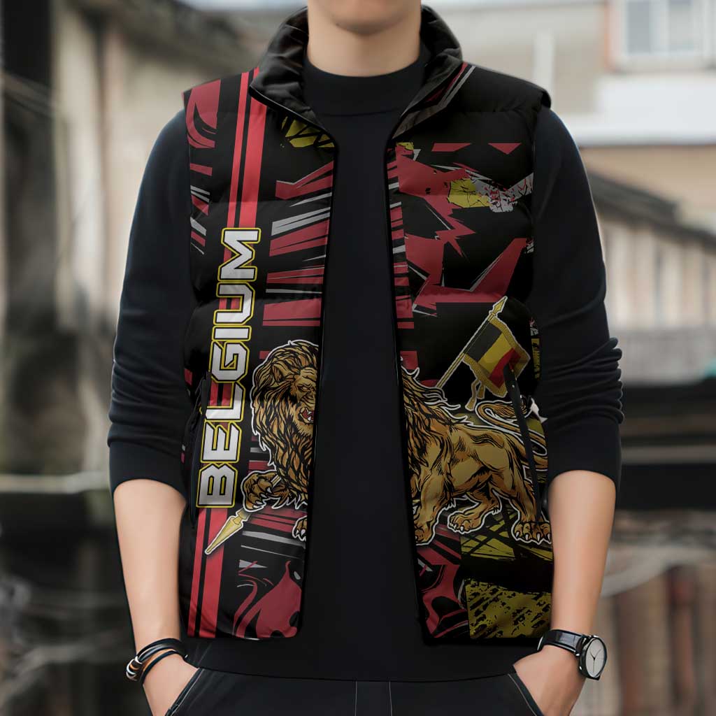 Personalized Belgium Sleeveless Puffer Jacket Lion Holding Flag - Wonder Print Shop