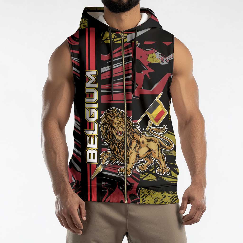 Personalized Belgium Sleeveless Zip Hoodie Lion Holding Flag - Wonder Print Shop