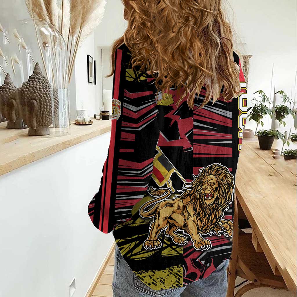 Personalized Belgium Women Casual Shirt Lion Holding Flag - Wonder Print Shop