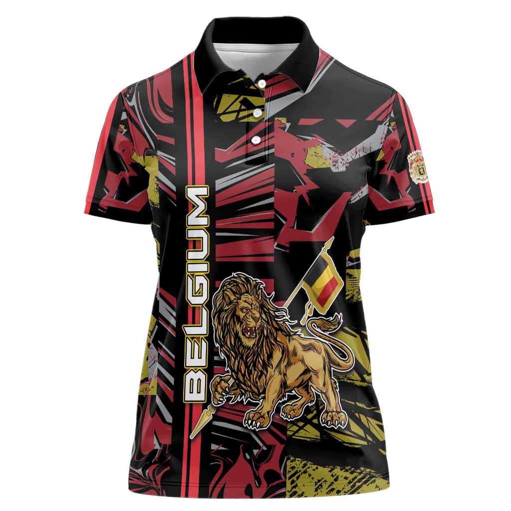 Personalized Belgium Women Polo Shirt Lion Holding Flag - Wonder Print Shop