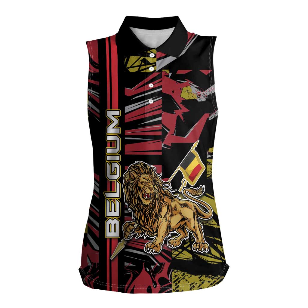 Personalized Belgium Women Sleeveless Polo Shirt Lion Holding Flag - Wonder Print Shop