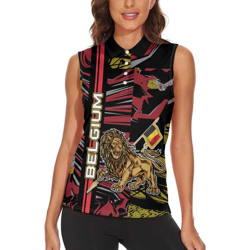 Personalized Belgium Women Sleeveless Polo Shirt Lion Holding Flag - Wonder Print Shop