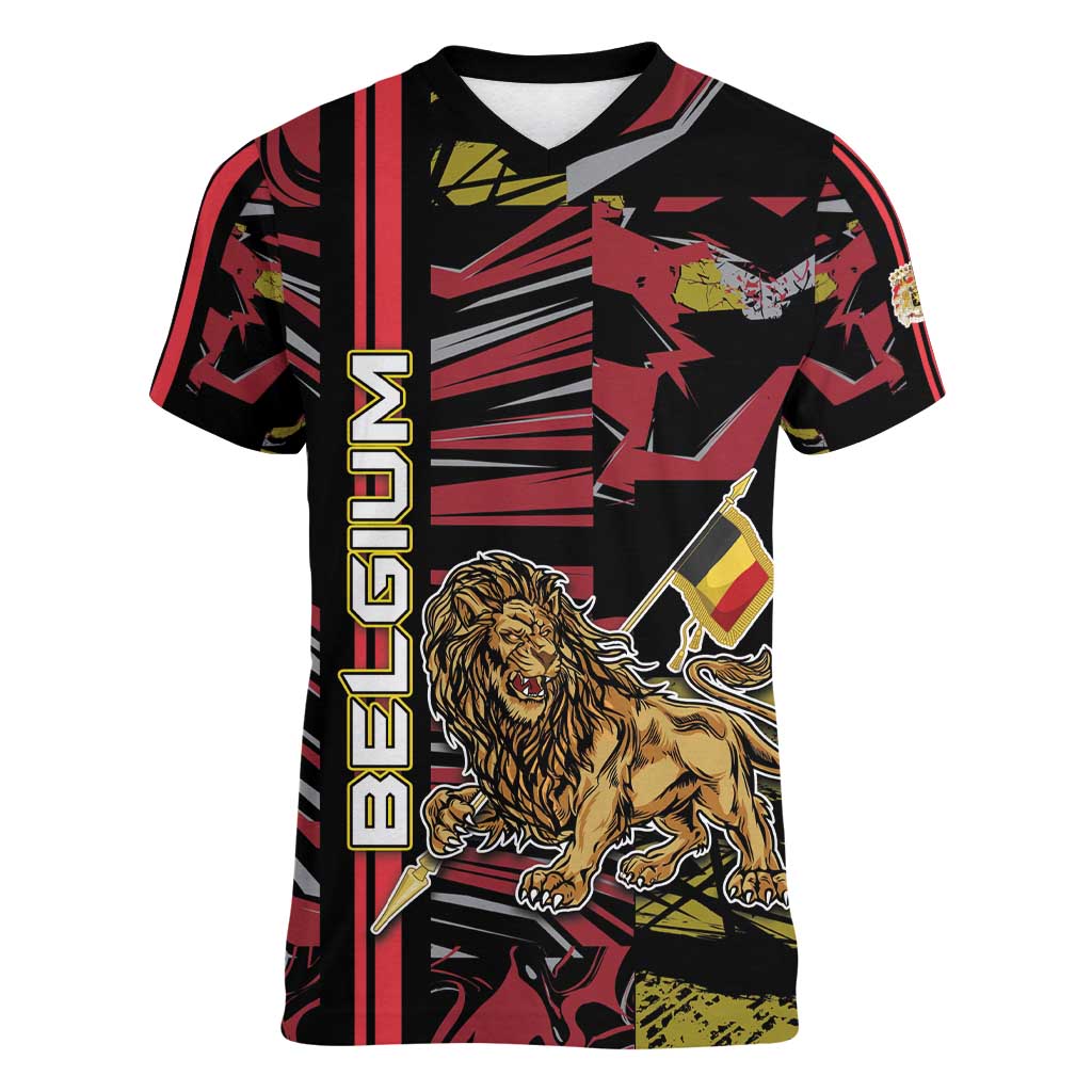 Personalized Belgium Women V-Neck T-Shirt Lion Holding Flag - Wonder Print Shop
