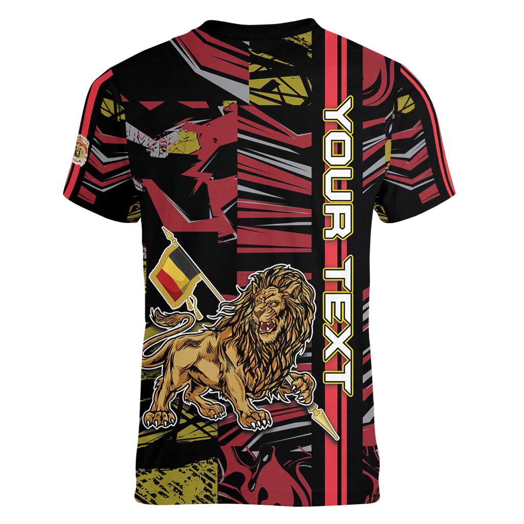 Personalized Belgium Women V-Neck T-Shirt Lion Holding Flag - Wonder Print Shop