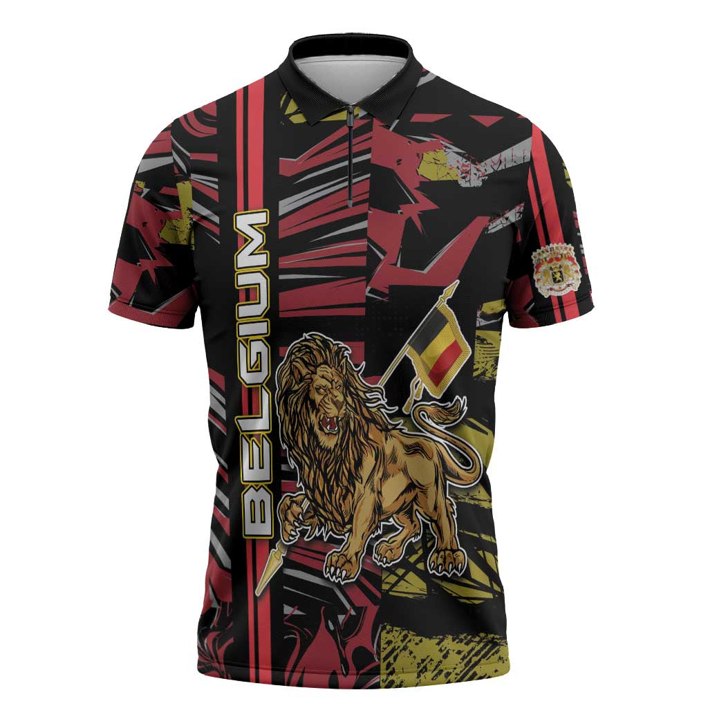 Personalized Belgium Zipper Polo Shirt Lion Holding Flag - Wonder Print Shop