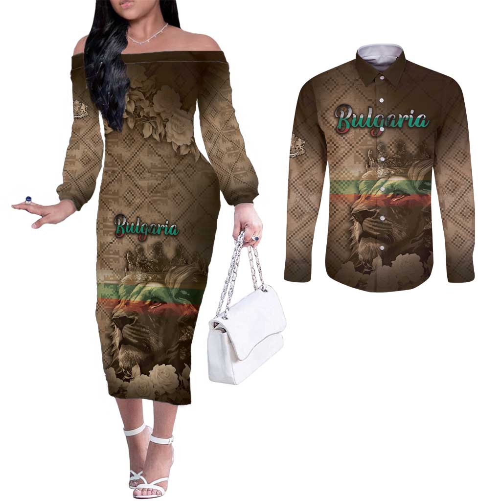 Personalized Bulgaria Couples Matching Off The Shoulder Long Sleeve Dress and Long Sleeve Button Shirt Lion King Is Pride - Wonder Print Shop