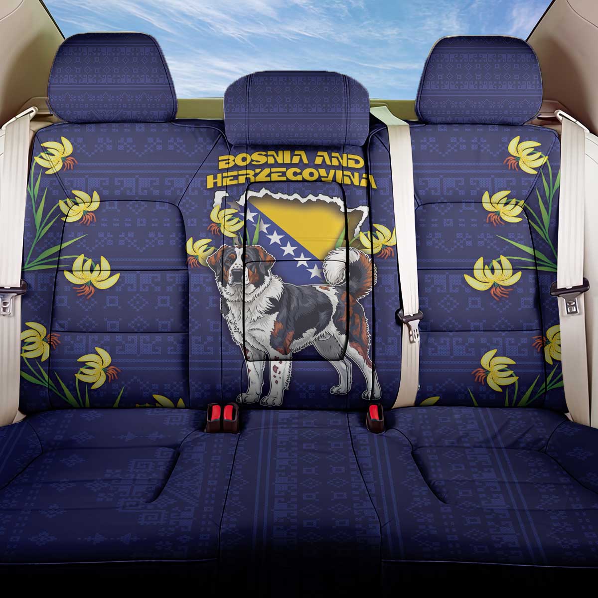 Bosnia And Herzegovina Back Car Seat Cover The Tornjak With Lilium Bosniacum - Wonder Print Shop