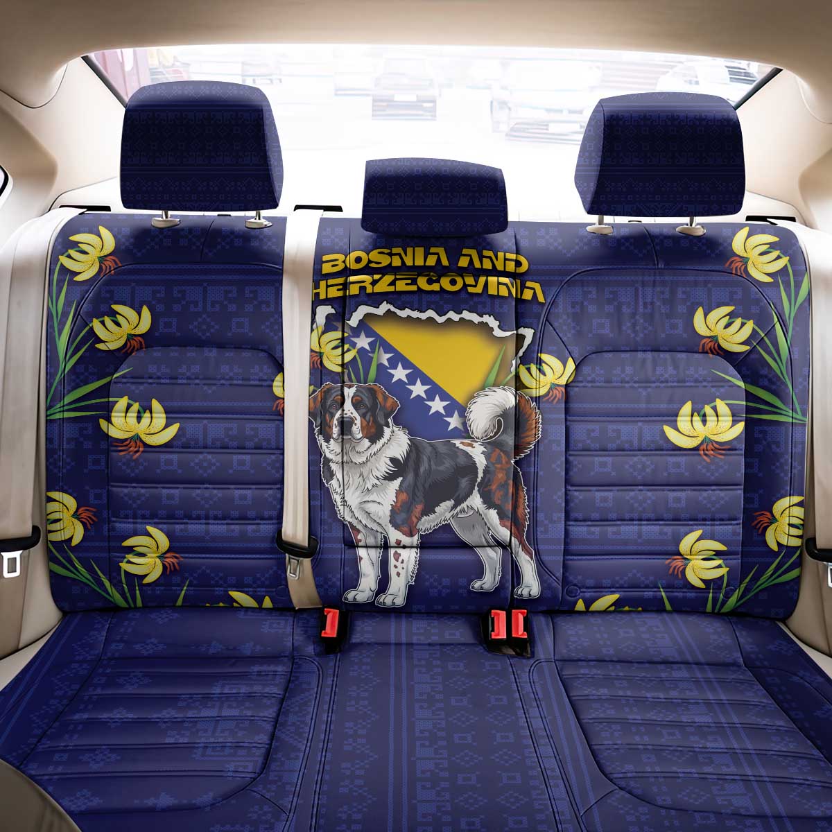 Bosnia And Herzegovina Back Car Seat Cover The Tornjak With Lilium Bosniacum - Wonder Print Shop
