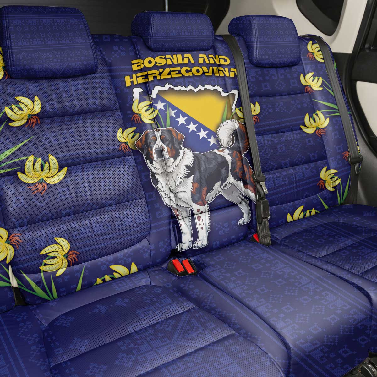Bosnia And Herzegovina Back Car Seat Cover The Tornjak With Lilium Bosniacum - Wonder Print Shop