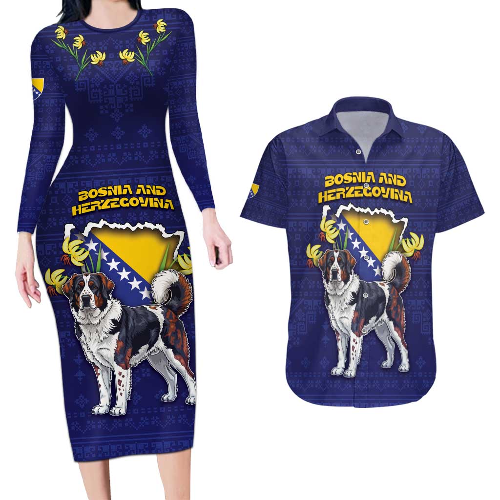 Personalized Bosnia And Herzegovina Couples Matching Long Sleeve Bodycon Dress and Hawaiian Shirt The Tornjak With Lilium Bosniacum - Wonder Print Shop