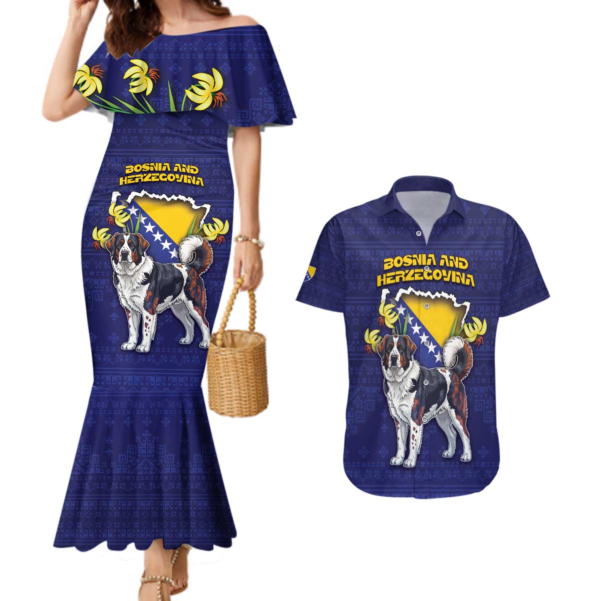 Personalized Bosnia And Herzegovina Couples Matching Mermaid Dress and Hawaiian Shirt The Tornjak With Lilium Bosniacum - Wonder Print Shop