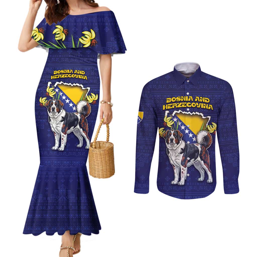 Personalized Bosnia And Herzegovina Couples Matching Mermaid Dress and Long Sleeve Button Shirt The Tornjak With Lilium Bosniacum - Wonder Print Shop