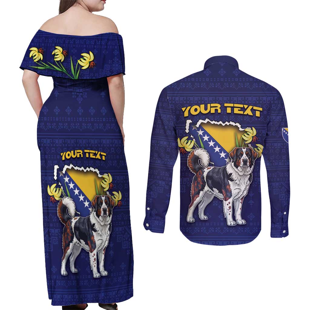 Personalized Bosnia And Herzegovina Couples Matching Off Shoulder Maxi Dress and Long Sleeve Button Shirt The Tornjak With Lilium Bosniacum - Wonder Print Shop