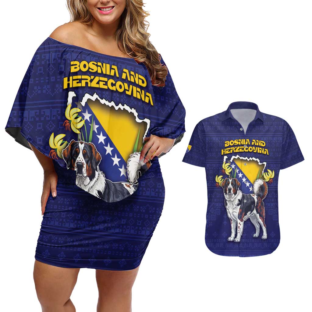 Personalized Bosnia And Herzegovina Couples Matching Off Shoulder Short Dress and Hawaiian Shirt The Tornjak With Lilium Bosniacum - Wonder Print Shop