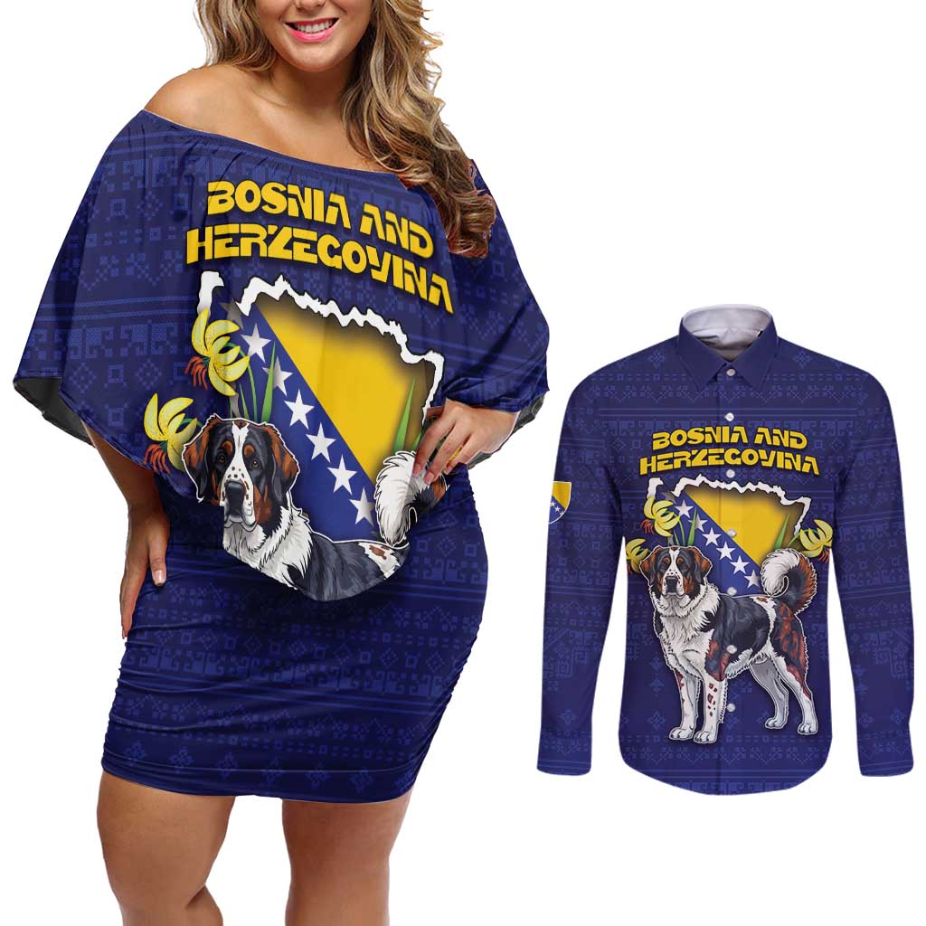 Personalized Bosnia And Herzegovina Couples Matching Off Shoulder Short Dress and Long Sleeve Button Shirt The Tornjak With Lilium Bosniacum - Wonder Print Shop