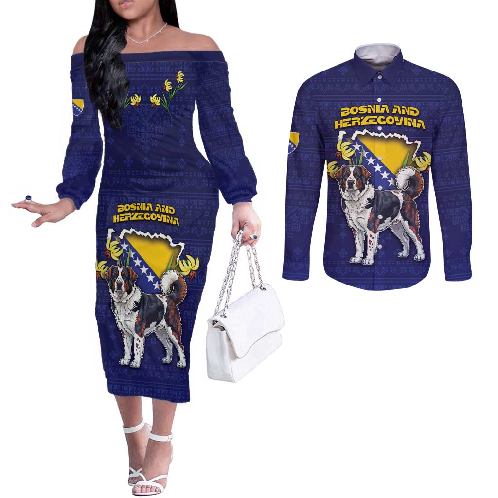 Personalized Bosnia And Herzegovina Couples Matching Off The Shoulder Long Sleeve Dress and Long Sleeve Button Shirt The Tornjak With Lilium Bosniacum - Wonder Print Shop