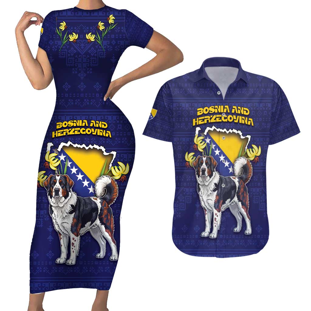 Personalized Bosnia And Herzegovina Couples Matching Short Sleeve Bodycon Dress and Hawaiian Shirt The Tornjak With Lilium Bosniacum - Wonder Print Shop