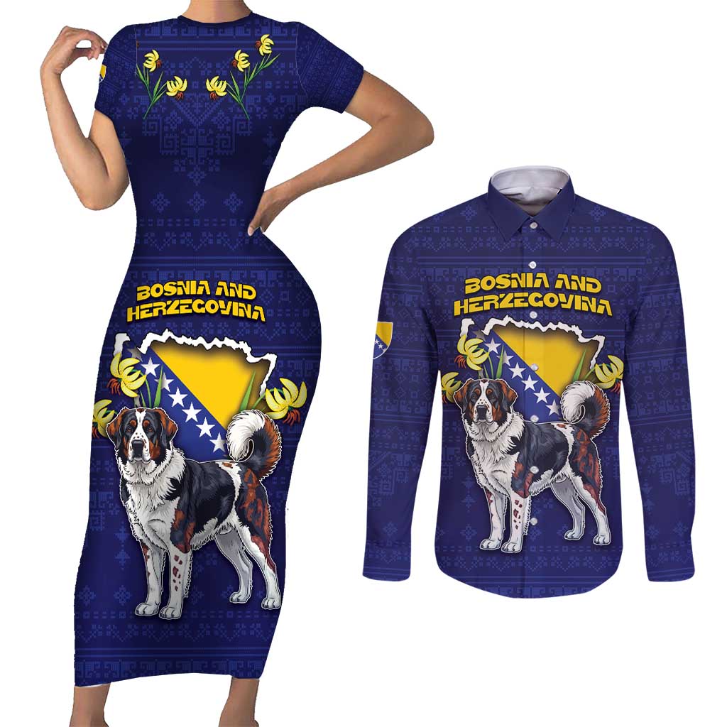 Personalized Bosnia And Herzegovina Couples Matching Short Sleeve Bodycon Dress and Long Sleeve Button Shirt The Tornjak With Lilium Bosniacum - Wonder Print Shop