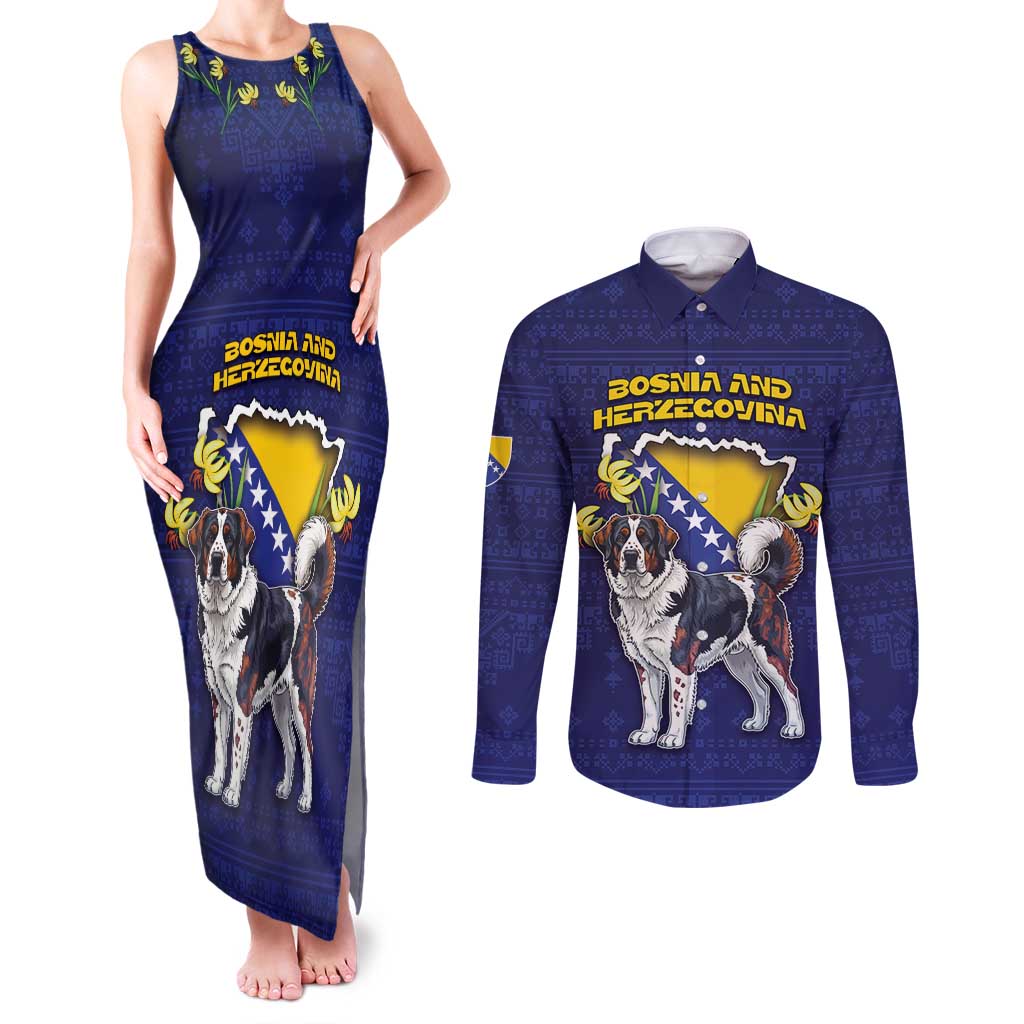 Personalized Bosnia And Herzegovina Couples Matching Tank Maxi Dress and Long Sleeve Button Shirt The Tornjak With Lilium Bosniacum - Wonder Print Shop