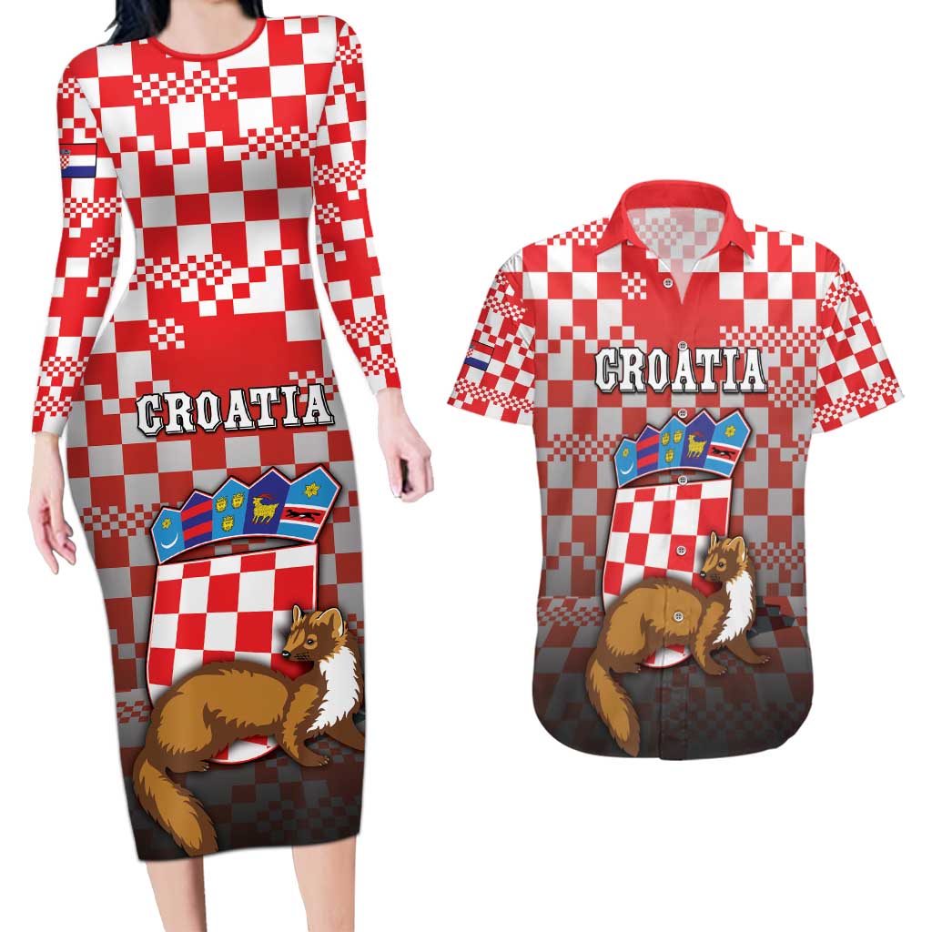 Personalized Croatia Couples Matching Long Sleeve Bodycon Dress and Hawaiian Shirt Kuna Zlatica With Symbol - Wonder Print Shop