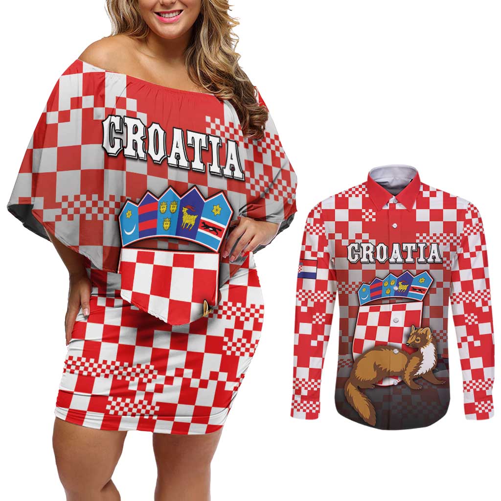 Personalized Croatia Couples Matching Off Shoulder Short Dress and Long Sleeve Button Shirt Kuna Zlatica With Symbol - Wonder Print Shop