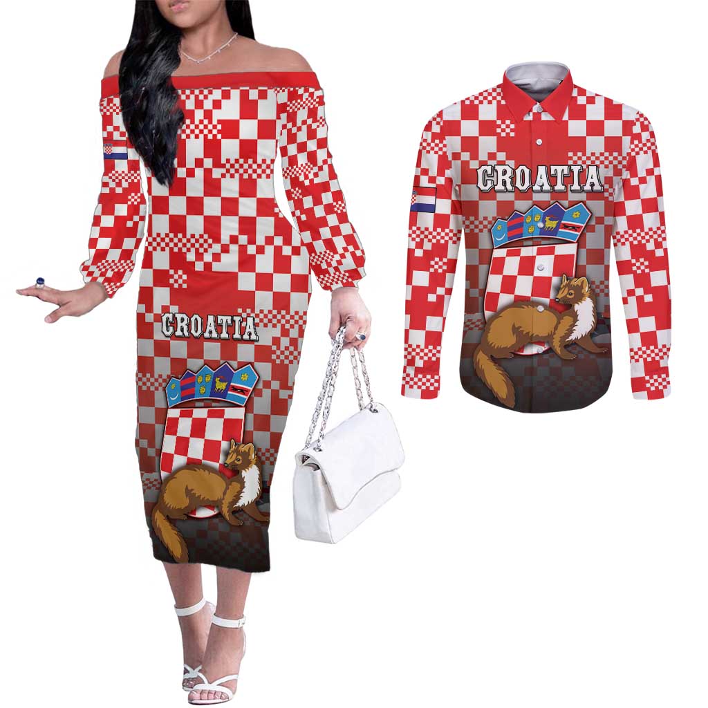 Personalized Croatia Couples Matching Off The Shoulder Long Sleeve Dress and Long Sleeve Button Shirt Kuna Zlatica With Symbol - Wonder Print Shop