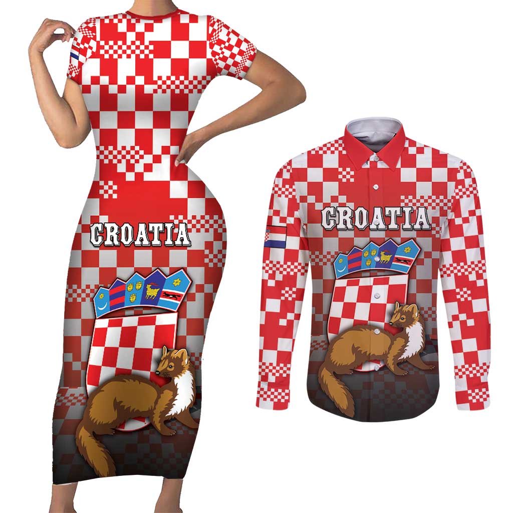 Personalized Croatia Couples Matching Short Sleeve Bodycon Dress and Long Sleeve Button Shirt Kuna Zlatica With Symbol - Wonder Print Shop