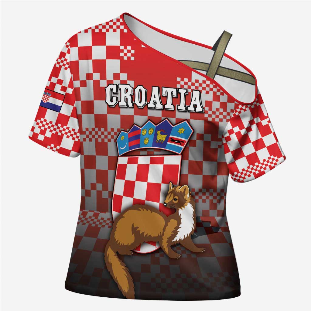 Personalized Croatia Cross Shoulder Shirt Kuna Zlatica With Symbol - Wonder Print Shop