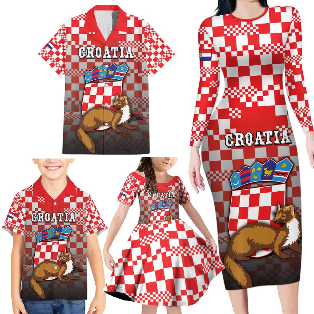 Personalized Croatia Family Matching Long Sleeve Bodycon Dress and Hawaiian Shirt Kuna Zlatica With Symbol - Wonder Print Shop
