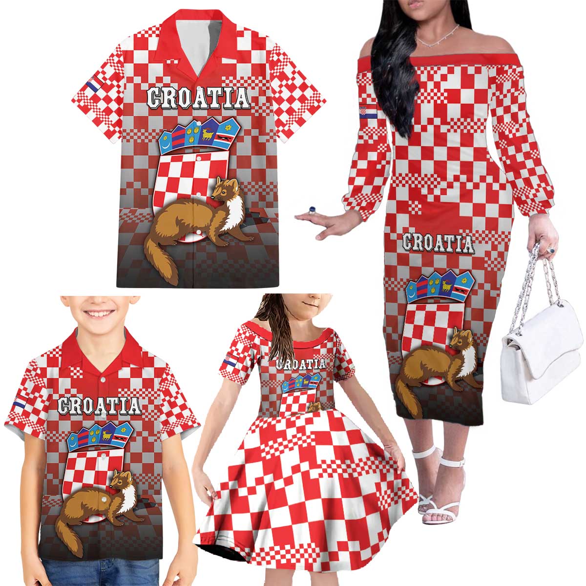 Personalized Croatia Family Matching Off The Shoulder Long Sleeve Dress and Hawaiian Shirt Kuna Zlatica With Symbol - Wonder Print Shop