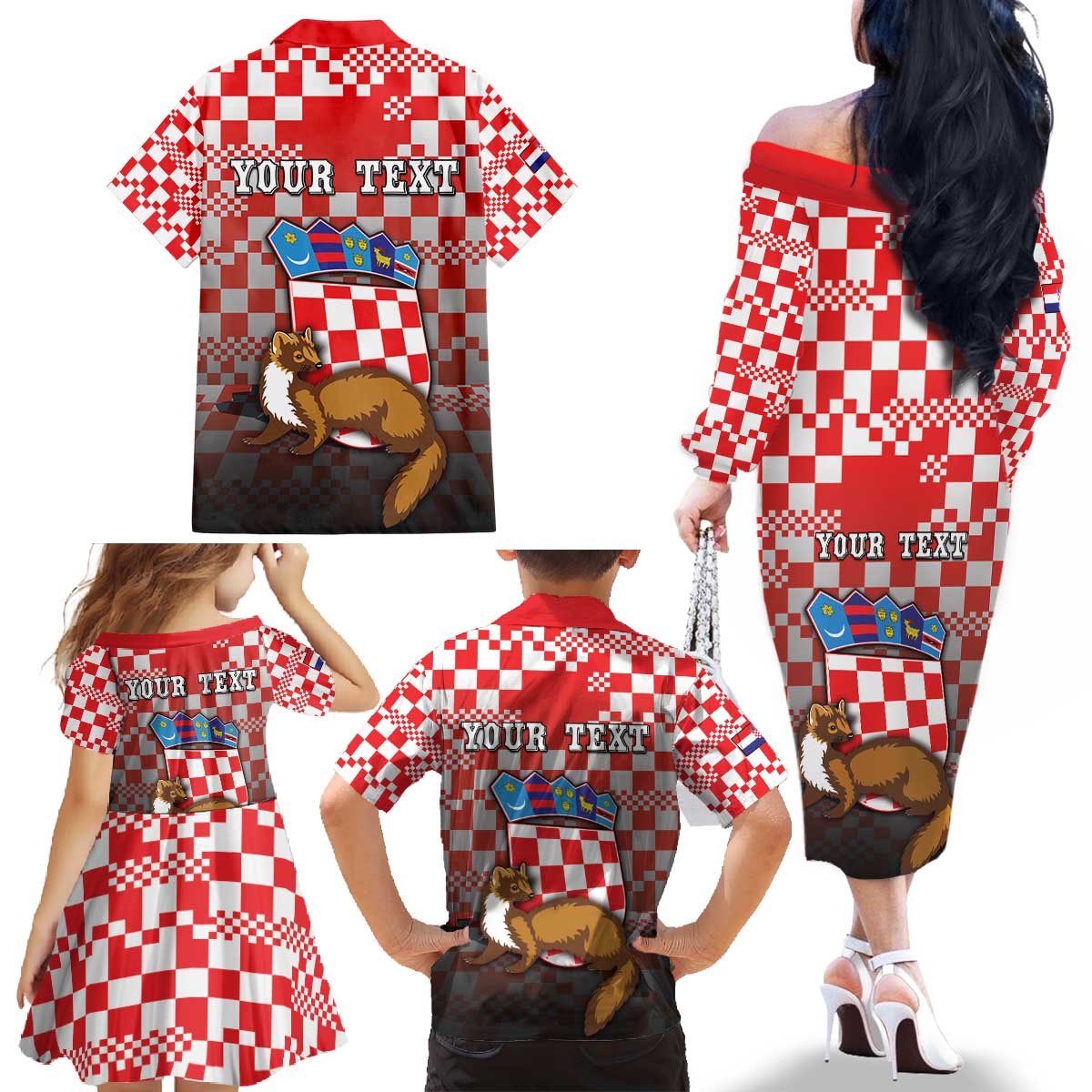 Personalized Croatia Family Matching Off The Shoulder Long Sleeve Dress and Hawaiian Shirt Kuna Zlatica With Symbol - Wonder Print Shop