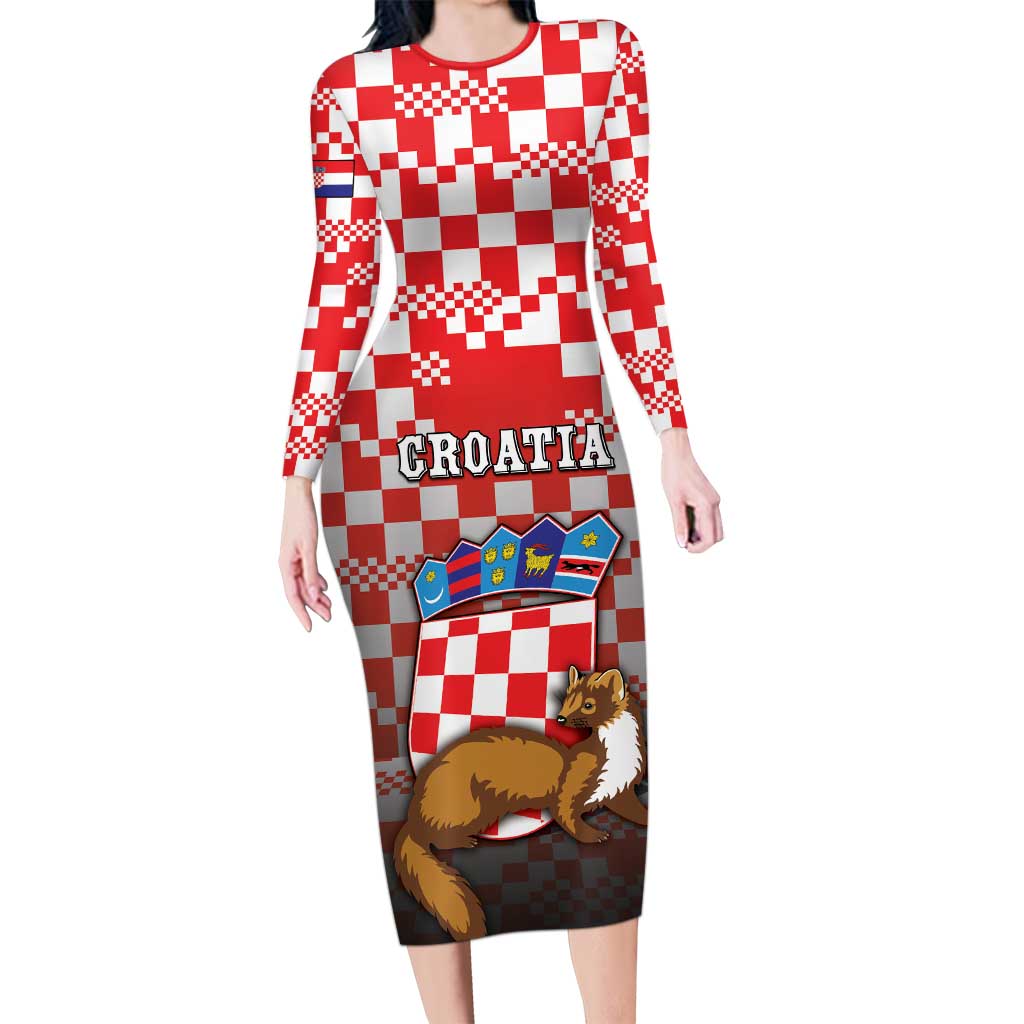 Personalized Croatia Long Sleeve Bodycon Dress Kuna Zlatica With Symbol - Wonder Print Shop