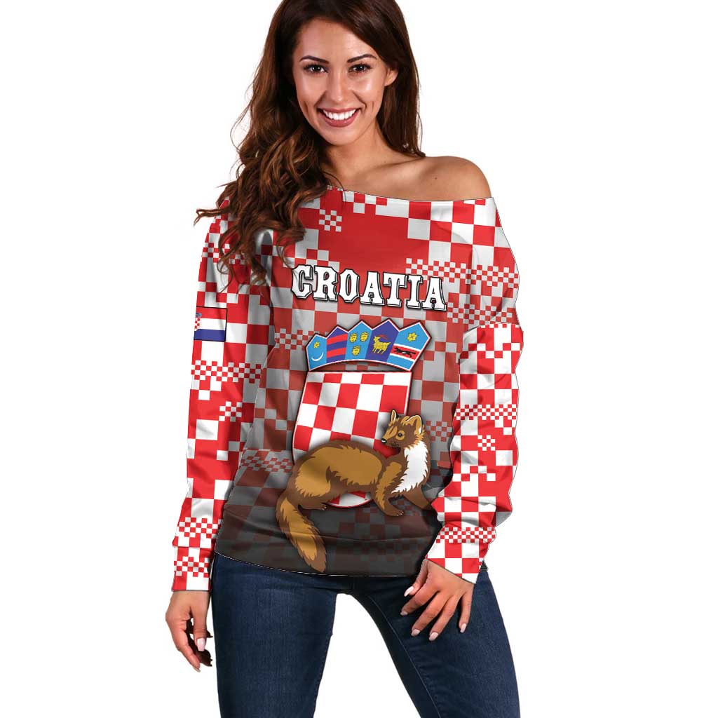 Personalized Croatia Off Shoulder Sweater Kuna Zlatica With Symbol - Wonder Print Shop